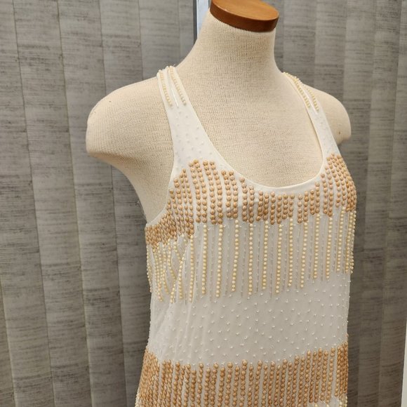 Parker Women’s Tan Cream Beaded Sleeveless Mini Dress Size M - Picture 4 of 17